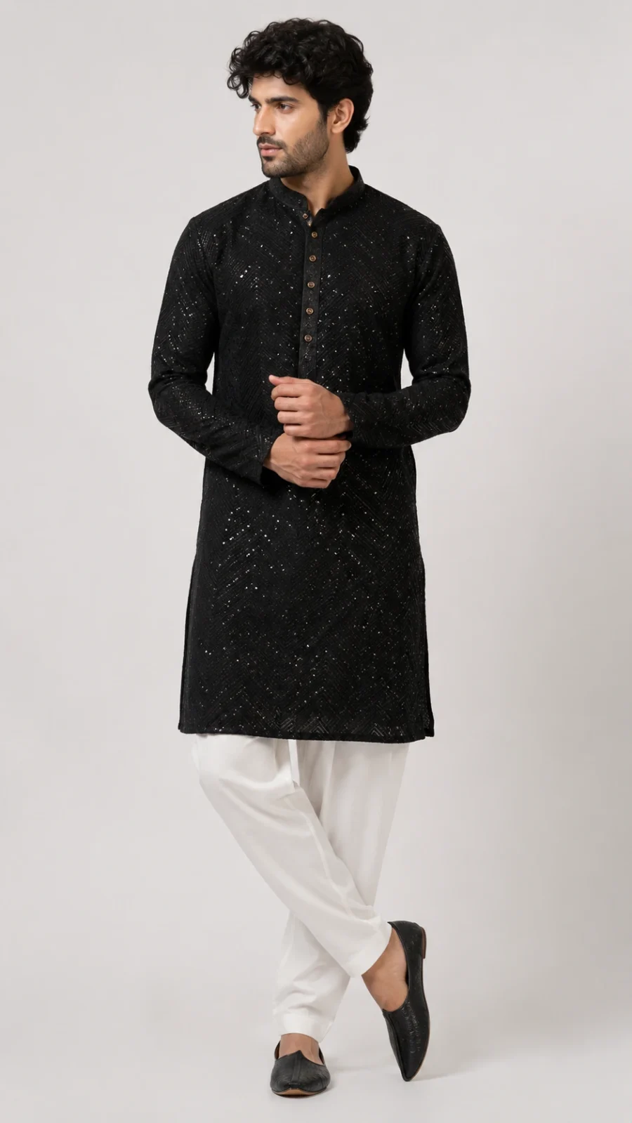 Midnight Black Sequin Chevron Kurta Pajama Set