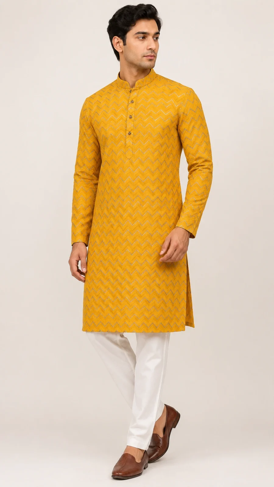 Mustard Yellow Chevron Kurta Pajama Set