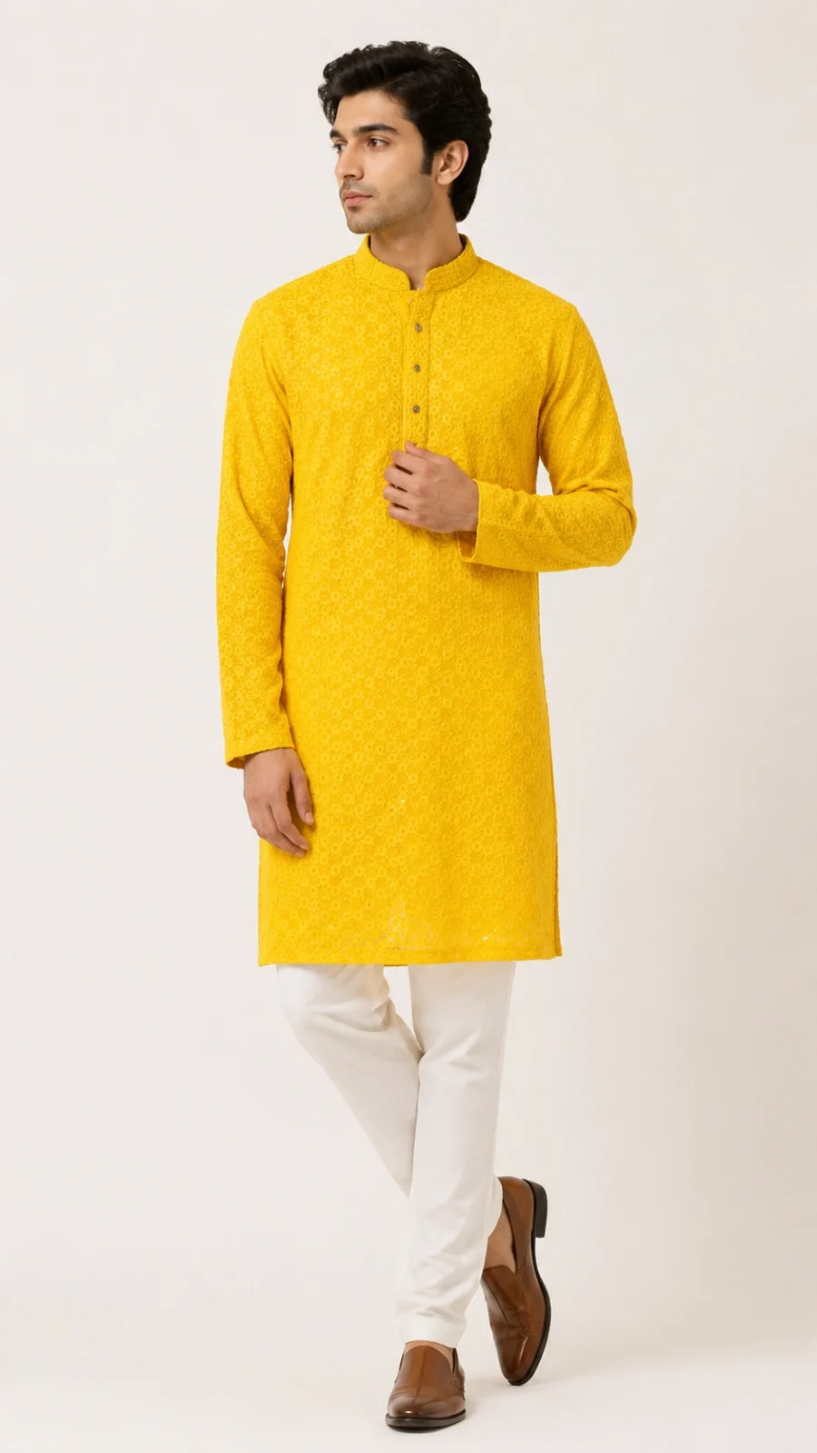 Mustard Yellow Embroidered Kurta Pajama Set
