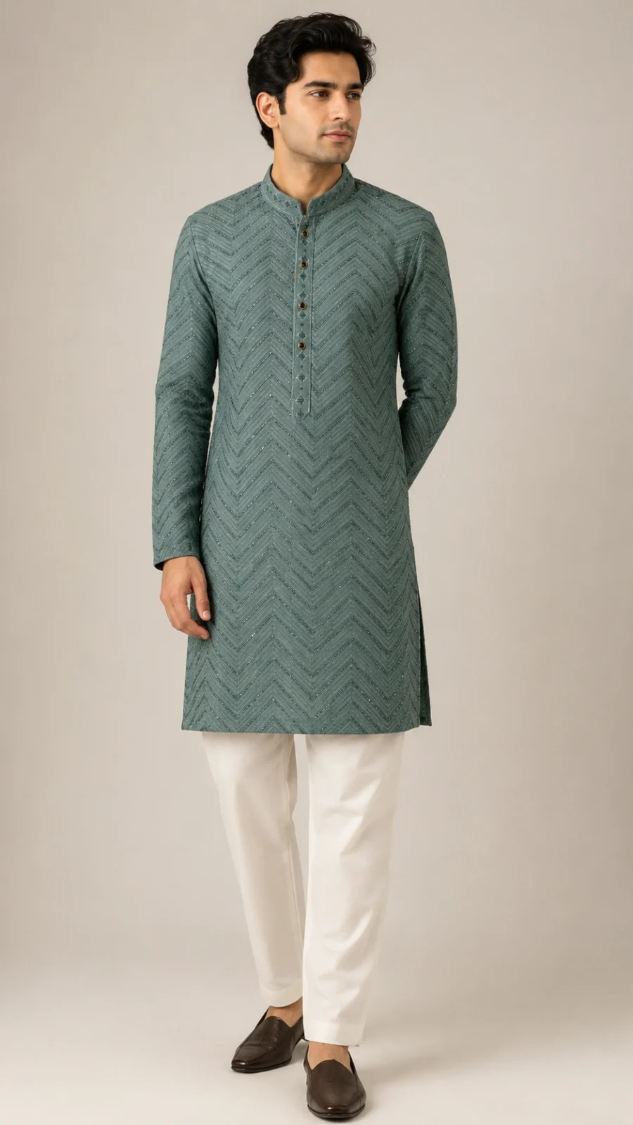 Teal Chevron Textured Kurta Pajama Set
