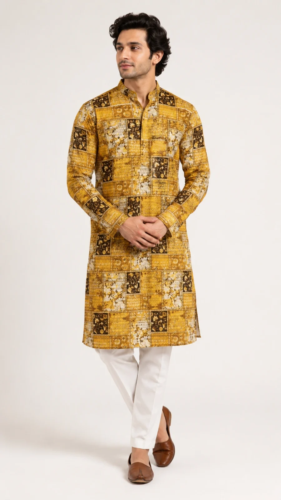 Mustard Patchwork Print Kurta Pajama Set
