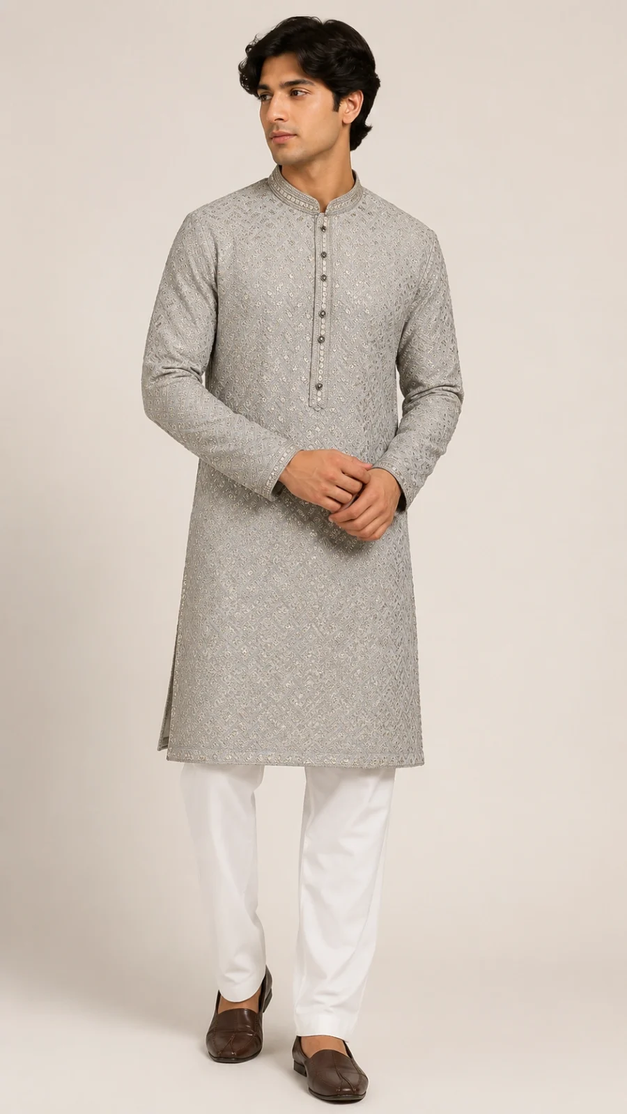 Silver Grey Embroidered Kurta Pajama Set