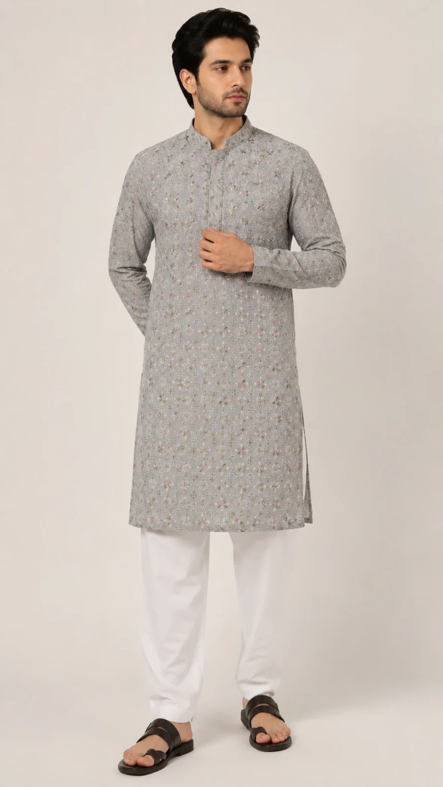 Grey Embroidered Kurta Pajama Set