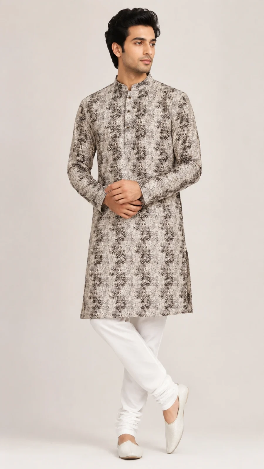 Grey Floral Print Kurta with White Pajama Set