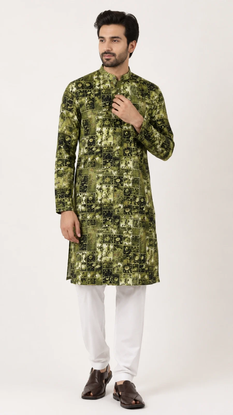 Olive Patchwork Print Kurta Pajama Set