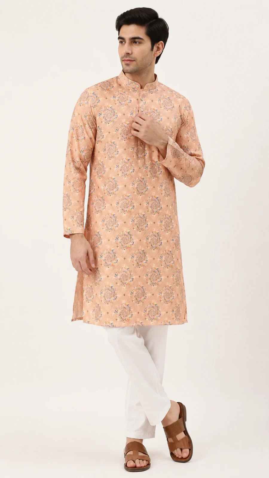 Peach Multicolor Printed Kurta with White Bottom