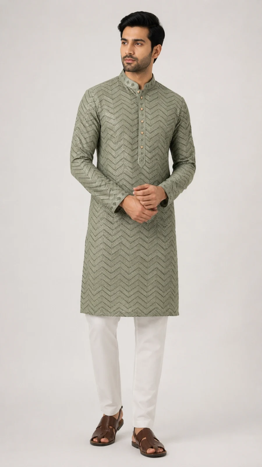 Sage Green Chevron Embroidered Kurta Pajama Set