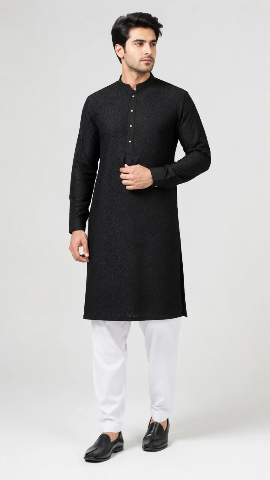 Black Textured Kurta Pajama Set