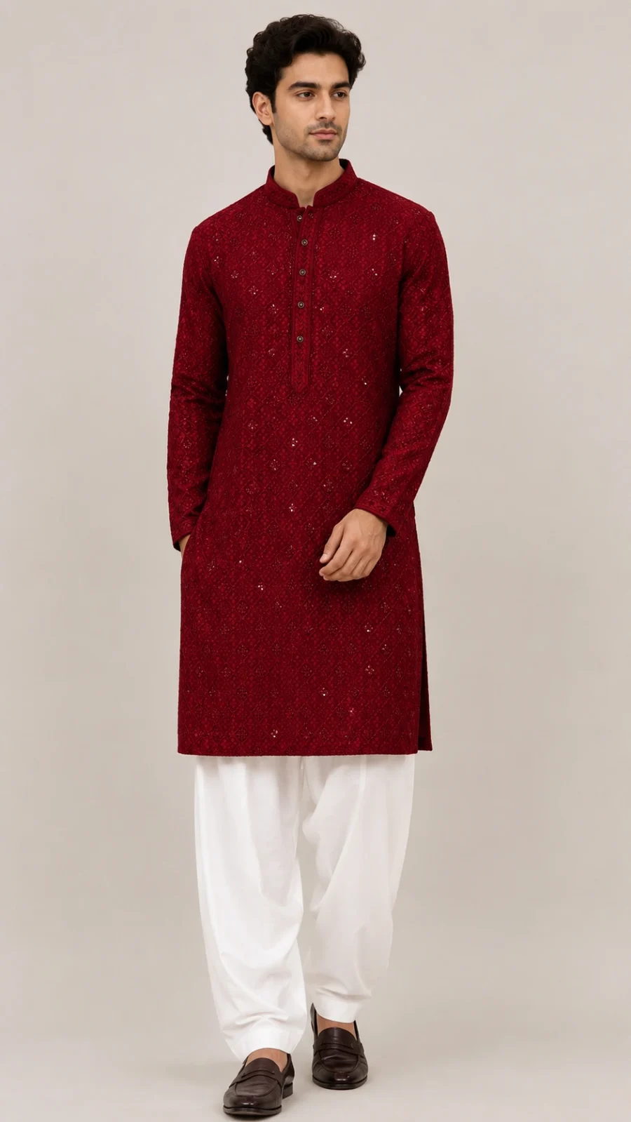Maroon Embroidered Kurta Pajama Set