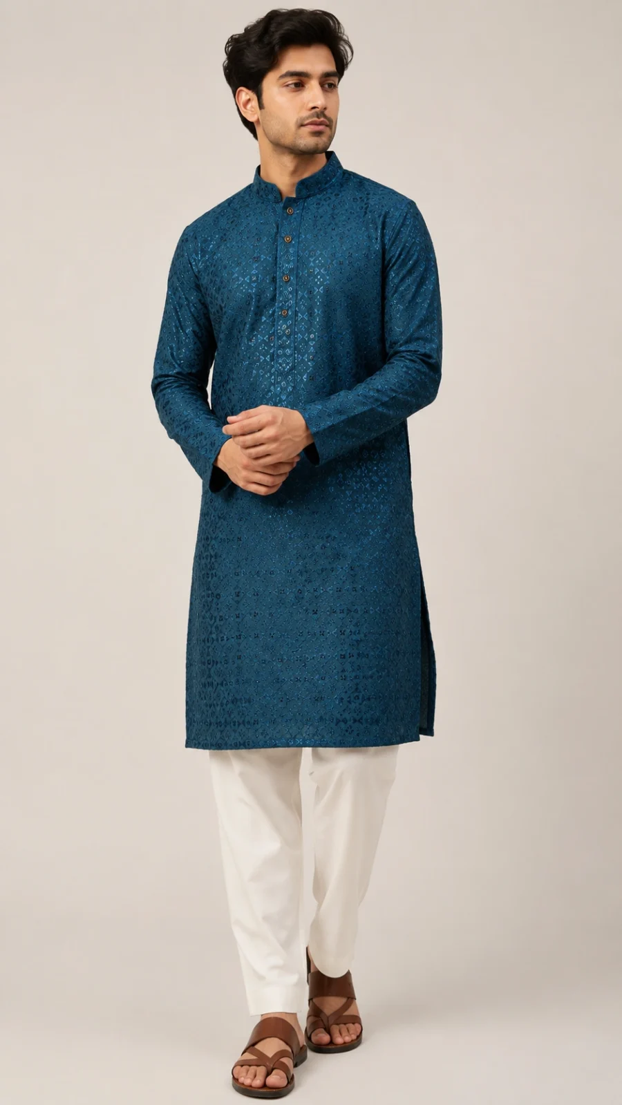Teal Blue Textured Kurta Pajama Set