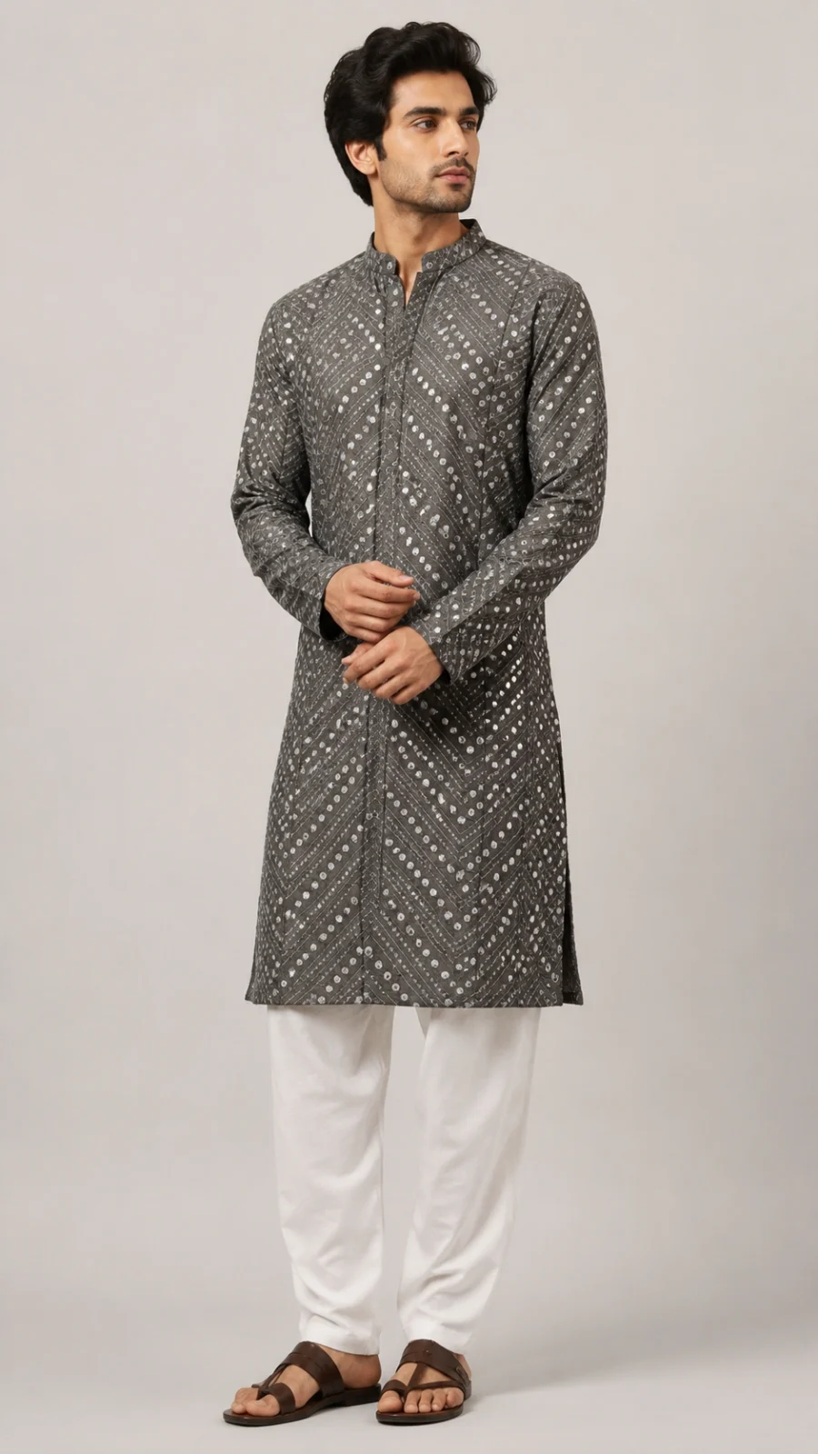 Charcoal Grey Mirror Embellished Kurta Pajama Set