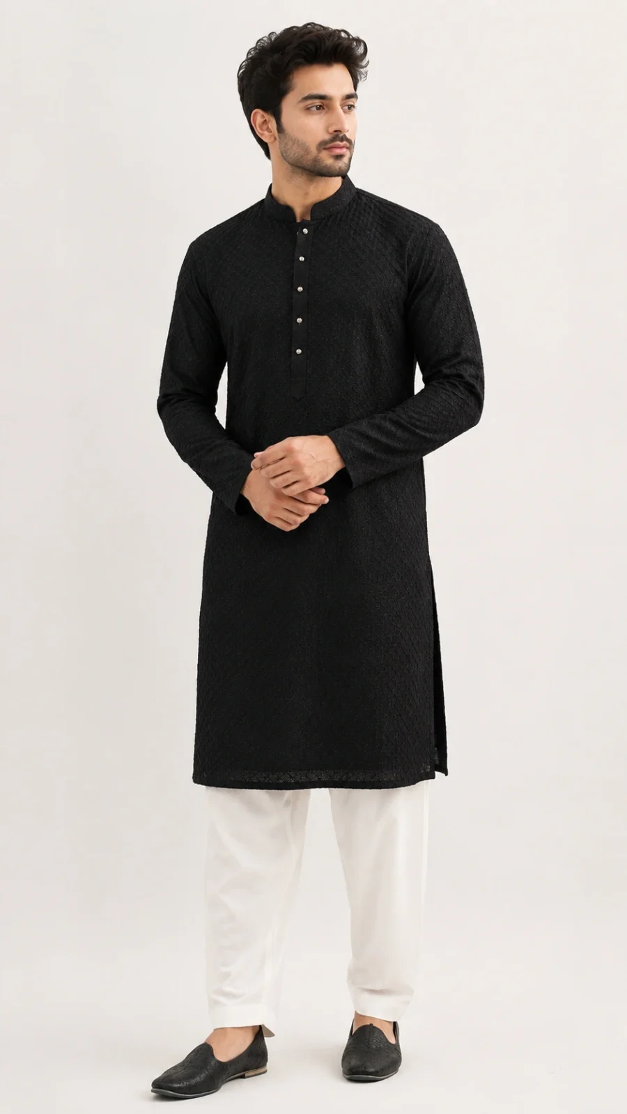 Classic Black Textured Kurta Pajama Set