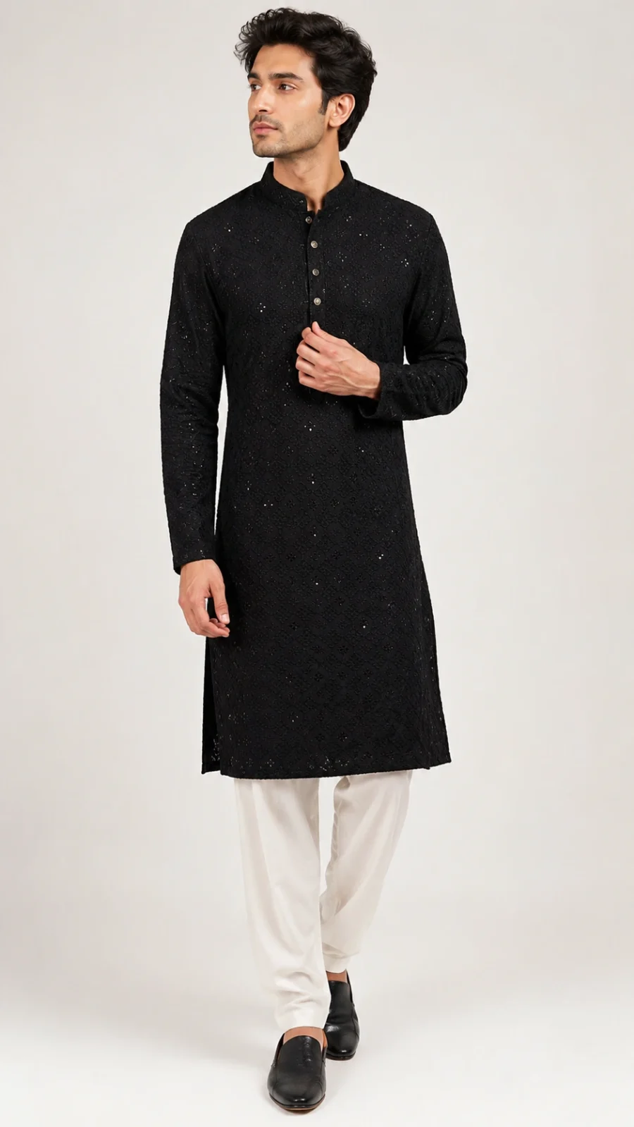 Black Embroidered Kurta with White Pajama Set