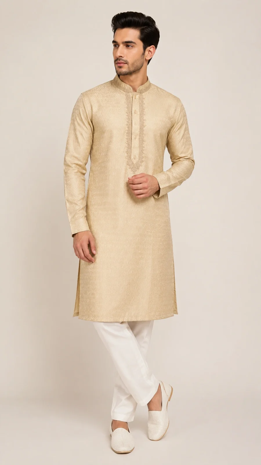 Beige Jacquard Embroidered Kurta Pajama Set