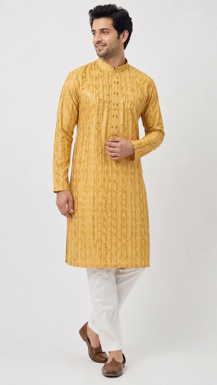 Golden Mustard Embroidered Kurta Pajama Set