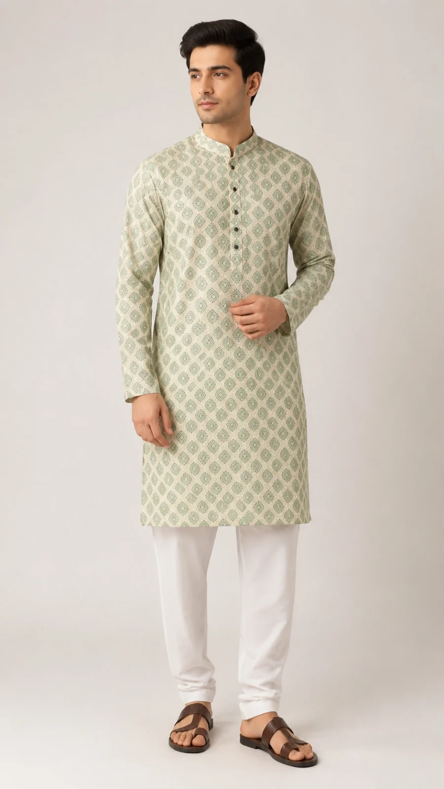 Men’s Cream & Green Geometric Print Kurta Pajama Set