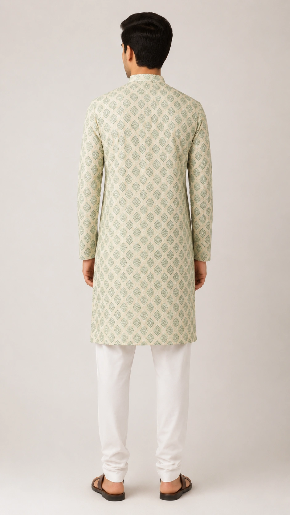 Men’s Cream & Green Geometric Print Kurta Pajama Set - Image 2