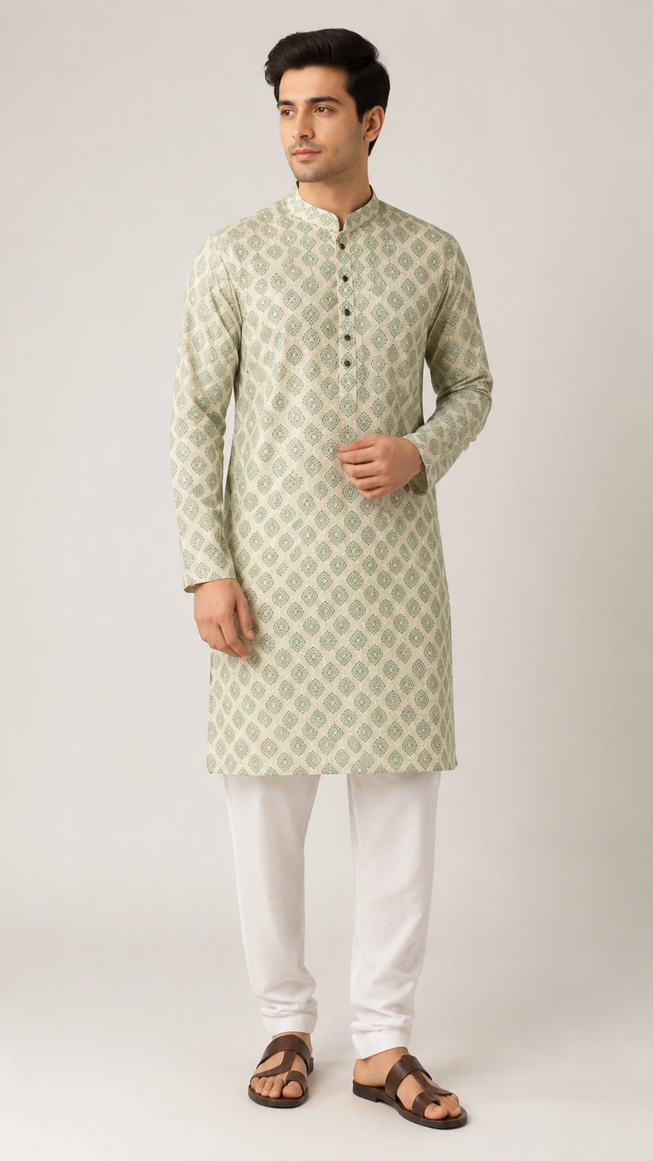 Men’s Cream & Green Geometric Print Kurta Pajama Set