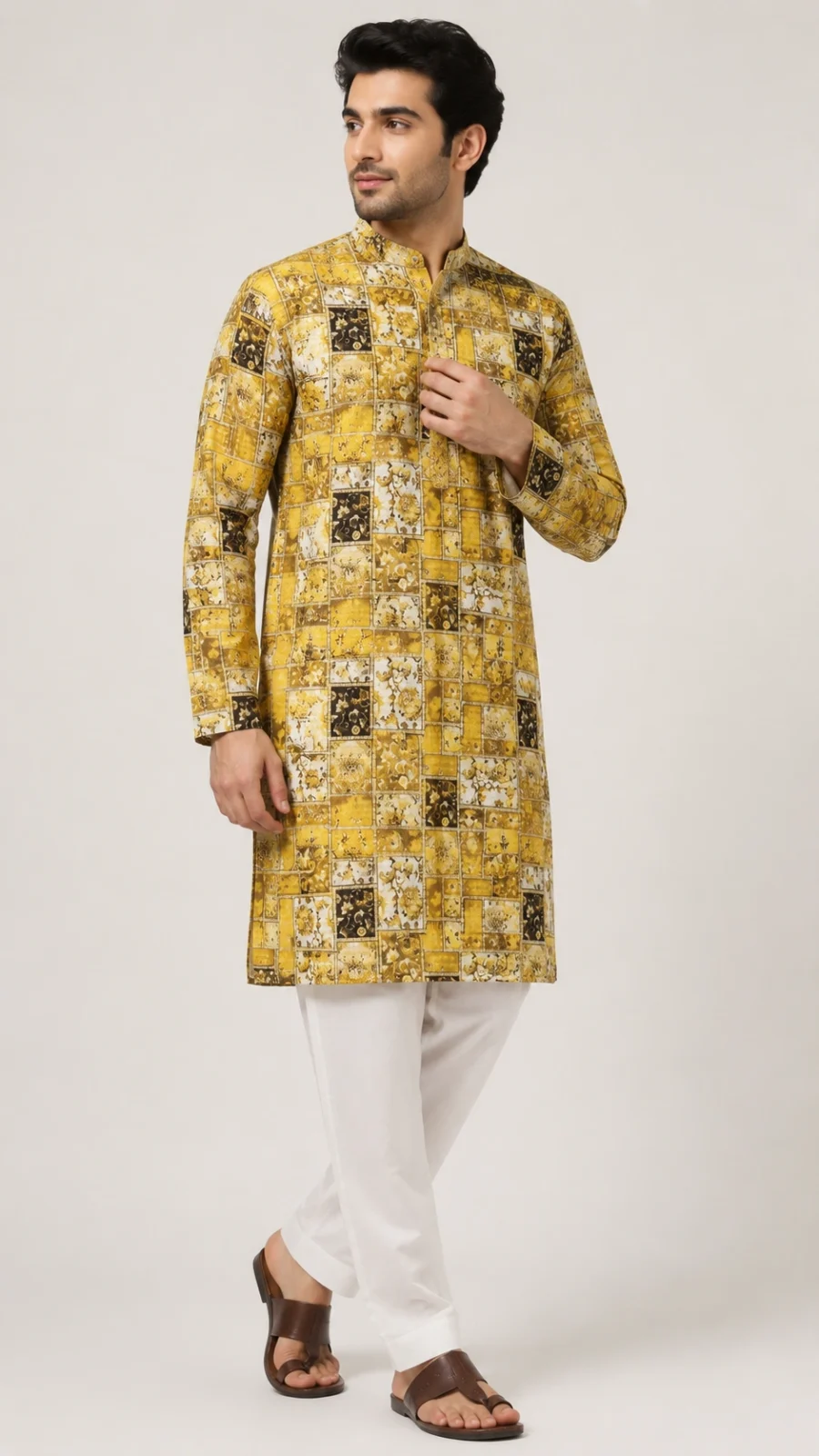 Mustard Patchwork Print Kurta Pajama Set