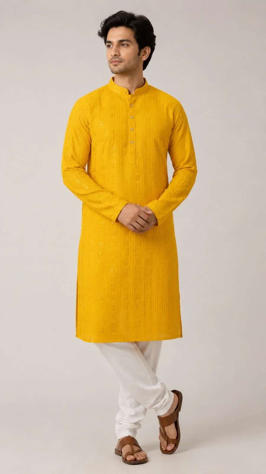 Mustard Yellow Embroidered Kurta Pajama Set