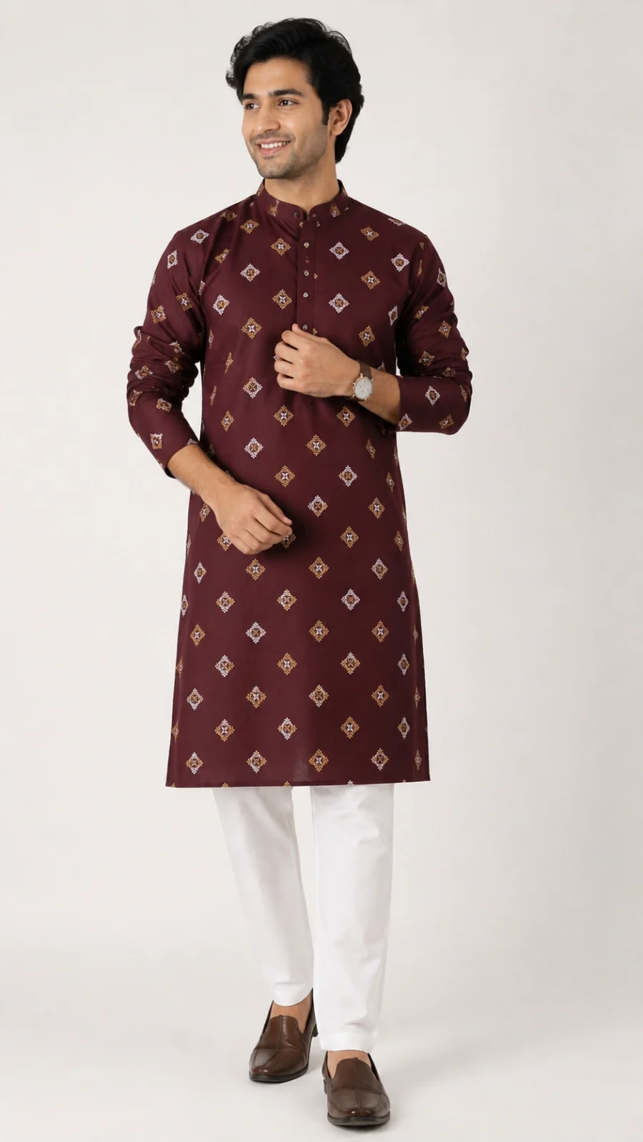 Men’s Maroon Printed Kurta Pajama Set