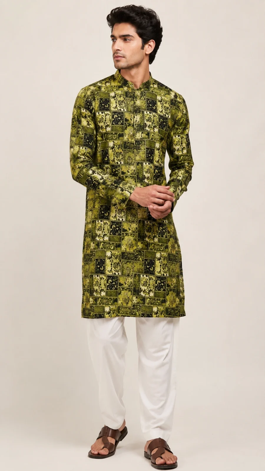 Olive Green Patchwork Print Kurta Pajama Set