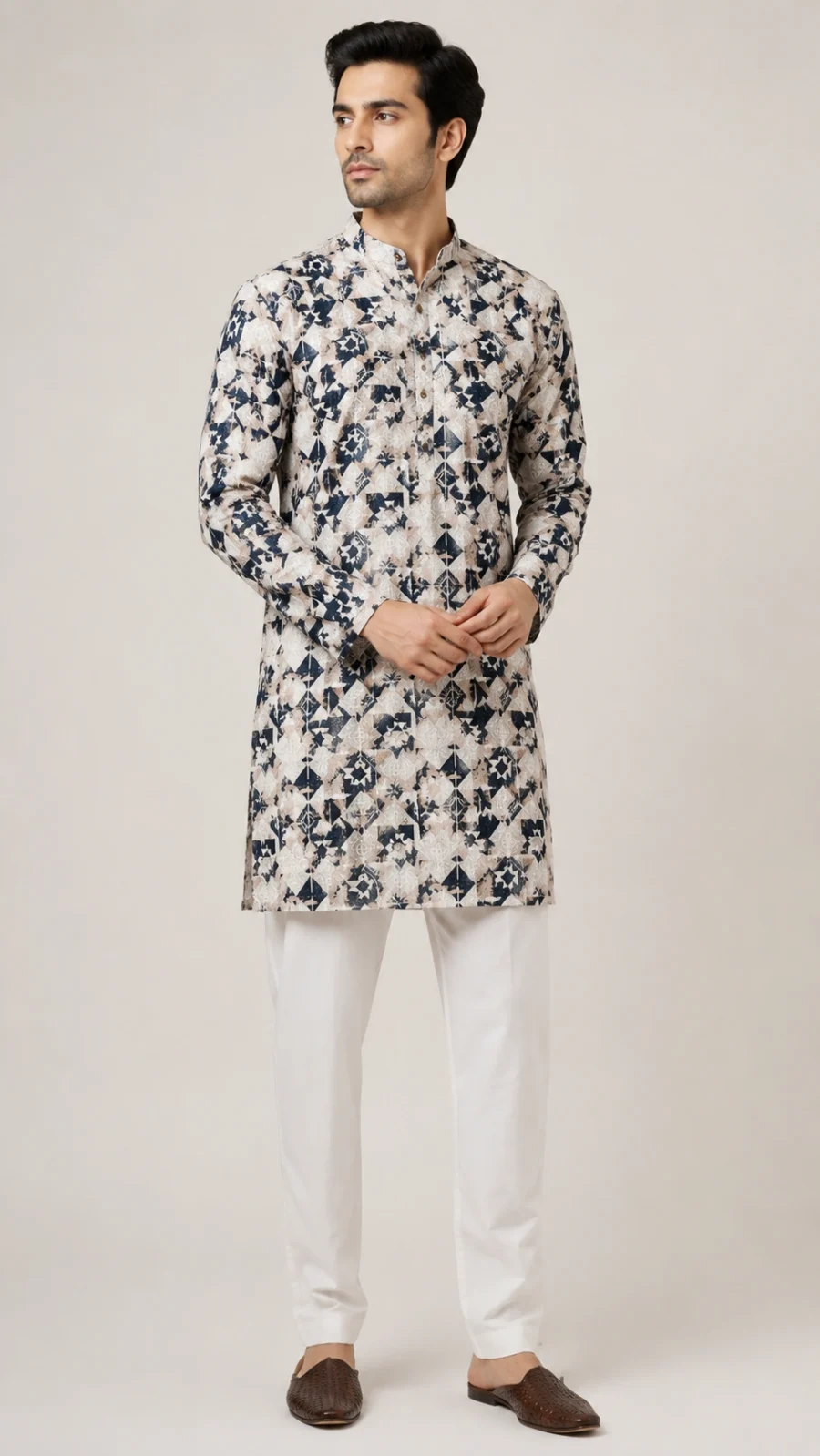 Geometric Print Textured Kurta Pajama Set