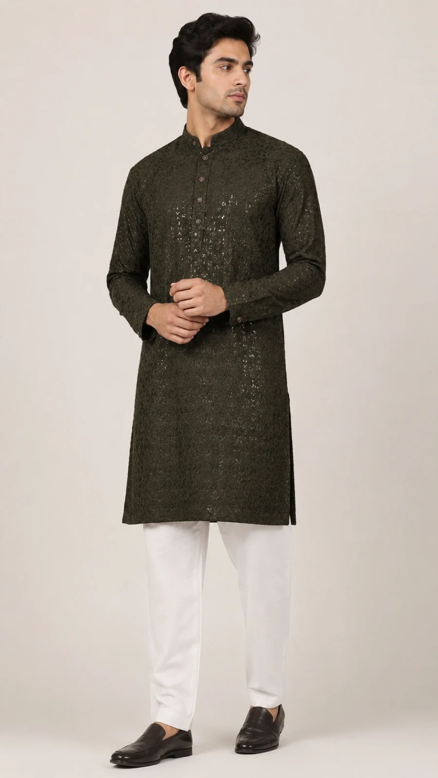 Men’s Olive Green Embroidered Kurta Pajama Set
