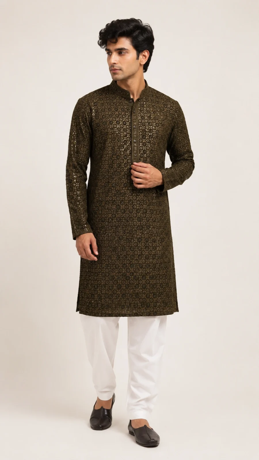 Dark Olive Embroidered Kurta Pajama Set