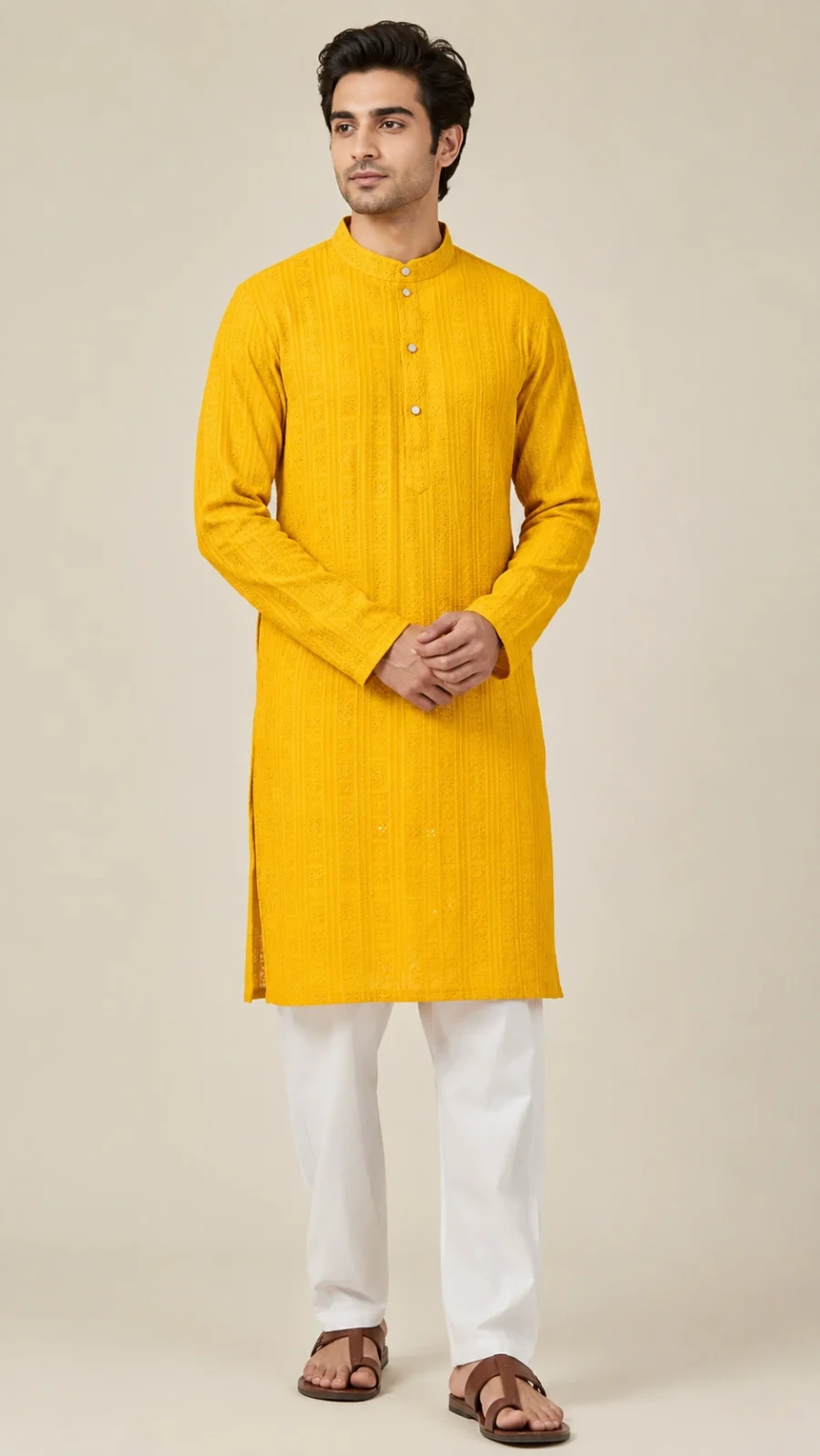 Mustard Yellow Embroidered Kurta Pajama Set