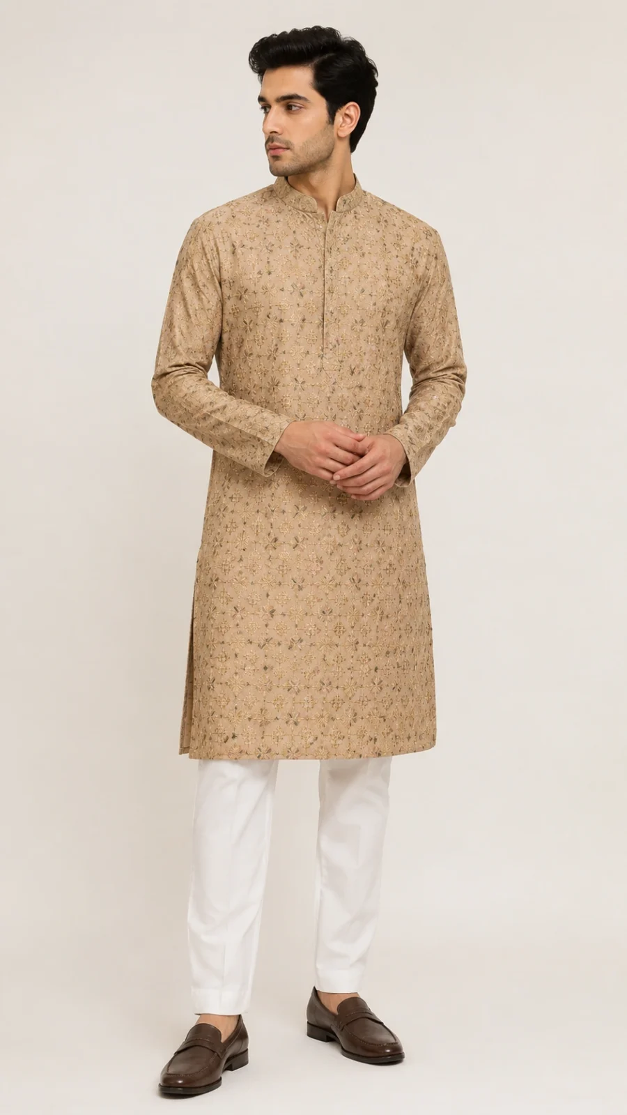 Beige Embroidered Kurta Pajama Set