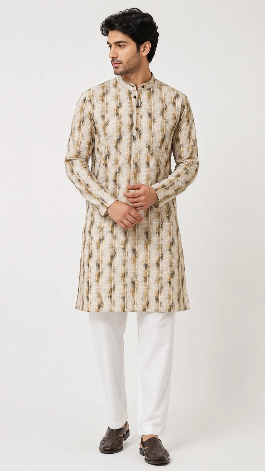 Premium Beige & Brown Printed Kurta Pajama Set