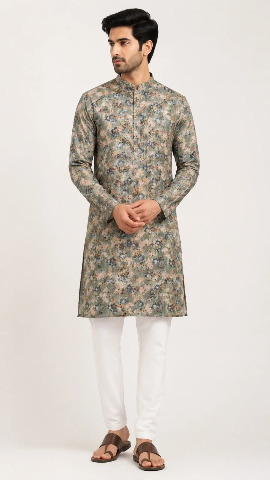 Sage Green Floral Textured Kurta Pajama Set