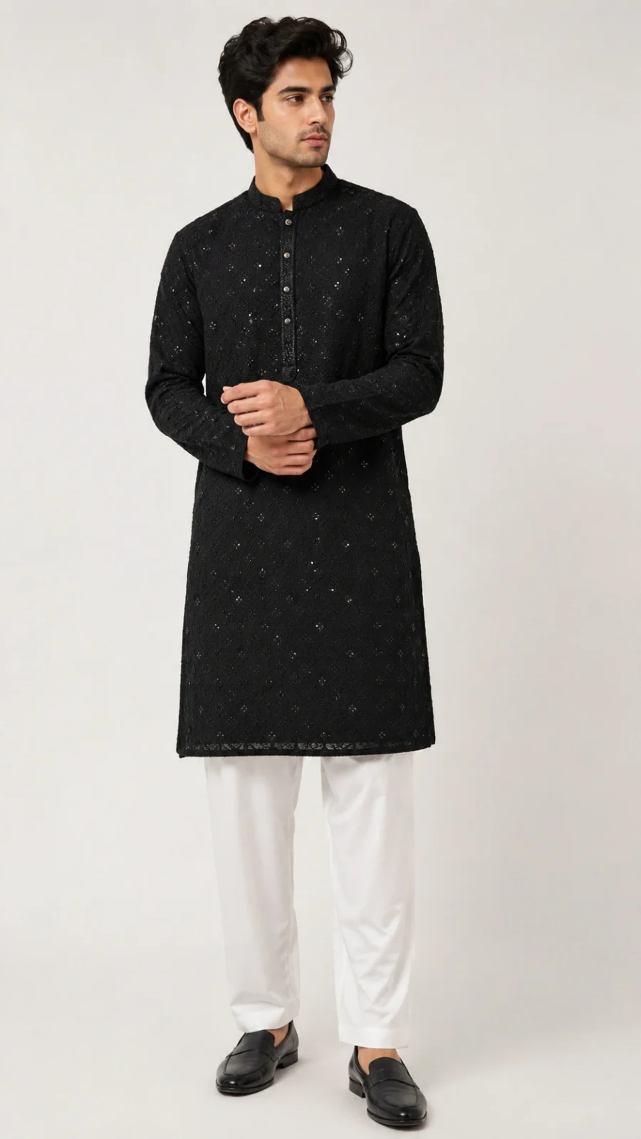 Black Embroidered Kurta with White Pajama Set