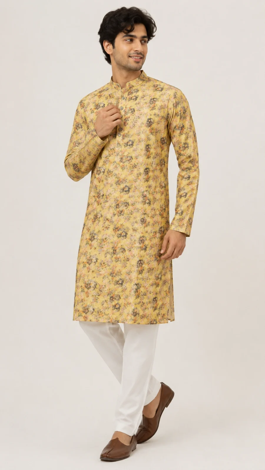 Mustard Floral Textured Kurta Pajama Set