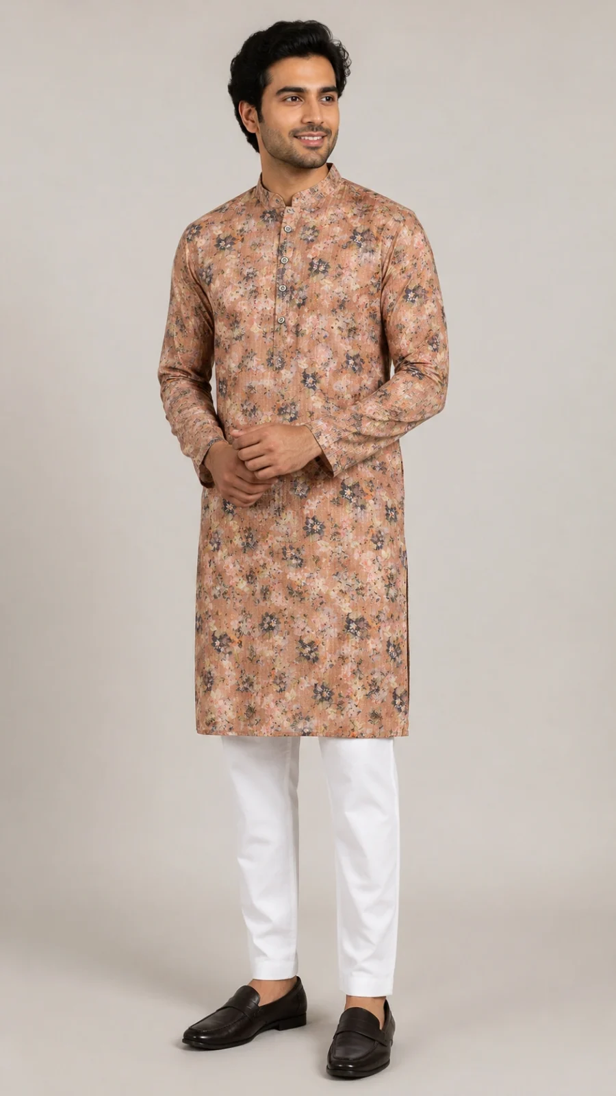 Peach Floral Printed Textured Kurta Pajama Set