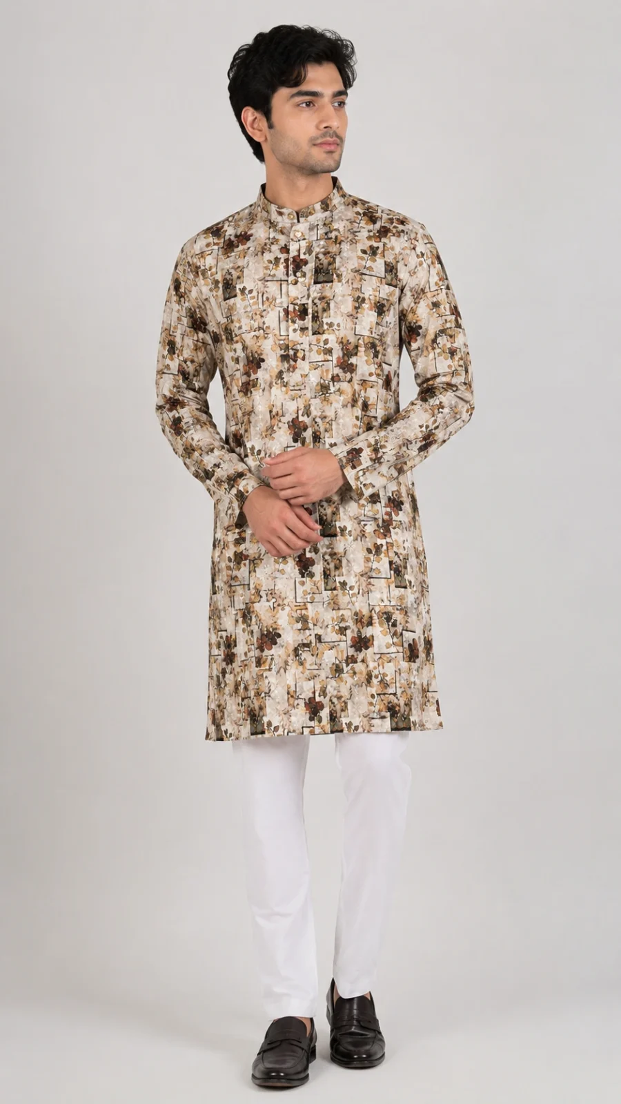 Beige Botanical Print Kurta Pajama Set