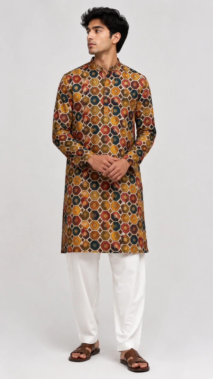 Men's Multicolor Geometric Printed Mandarin Collar Kurta with White Pajama Set