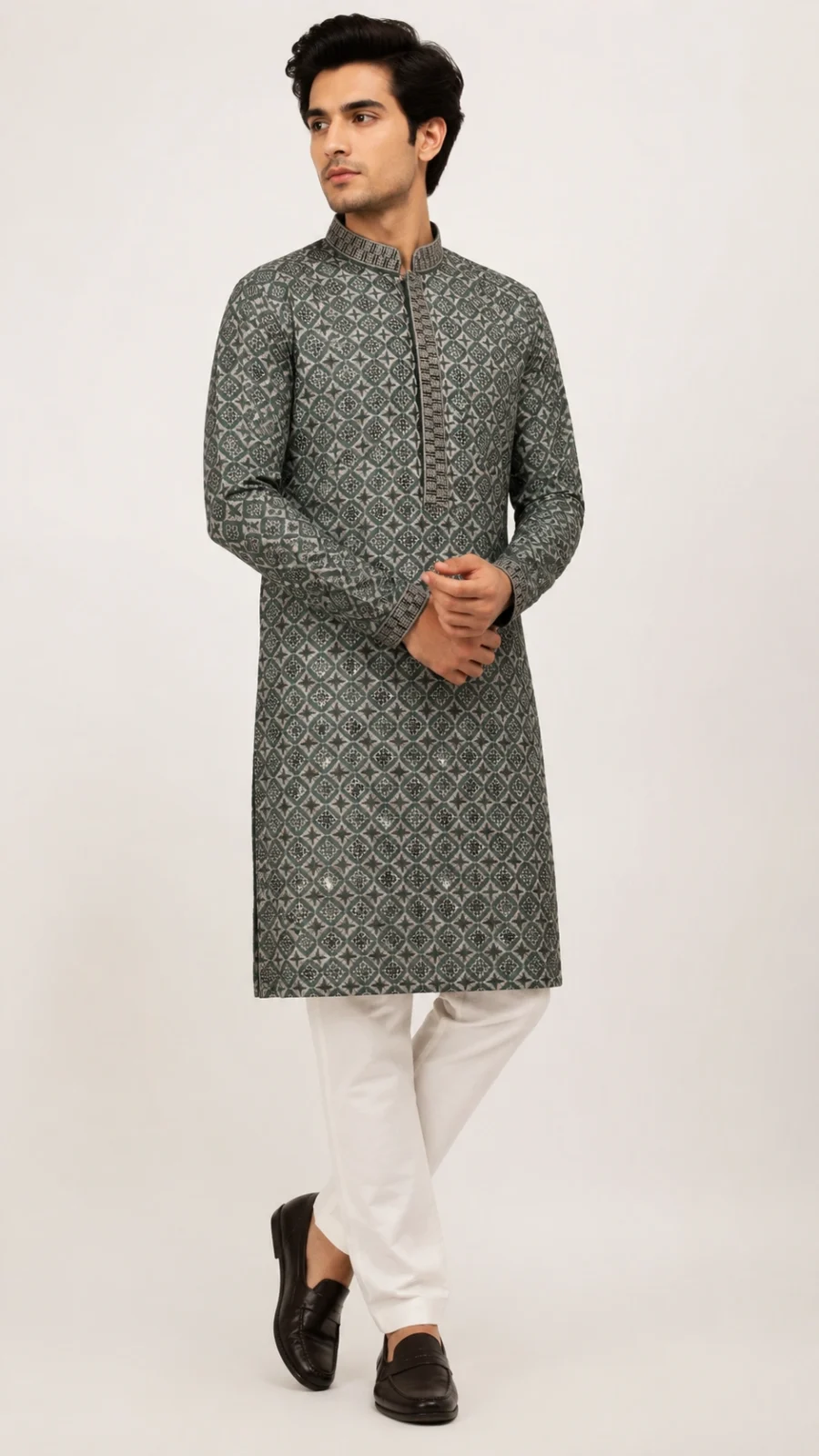 Men's Sage Green Embroidered Kurta Pajama Set