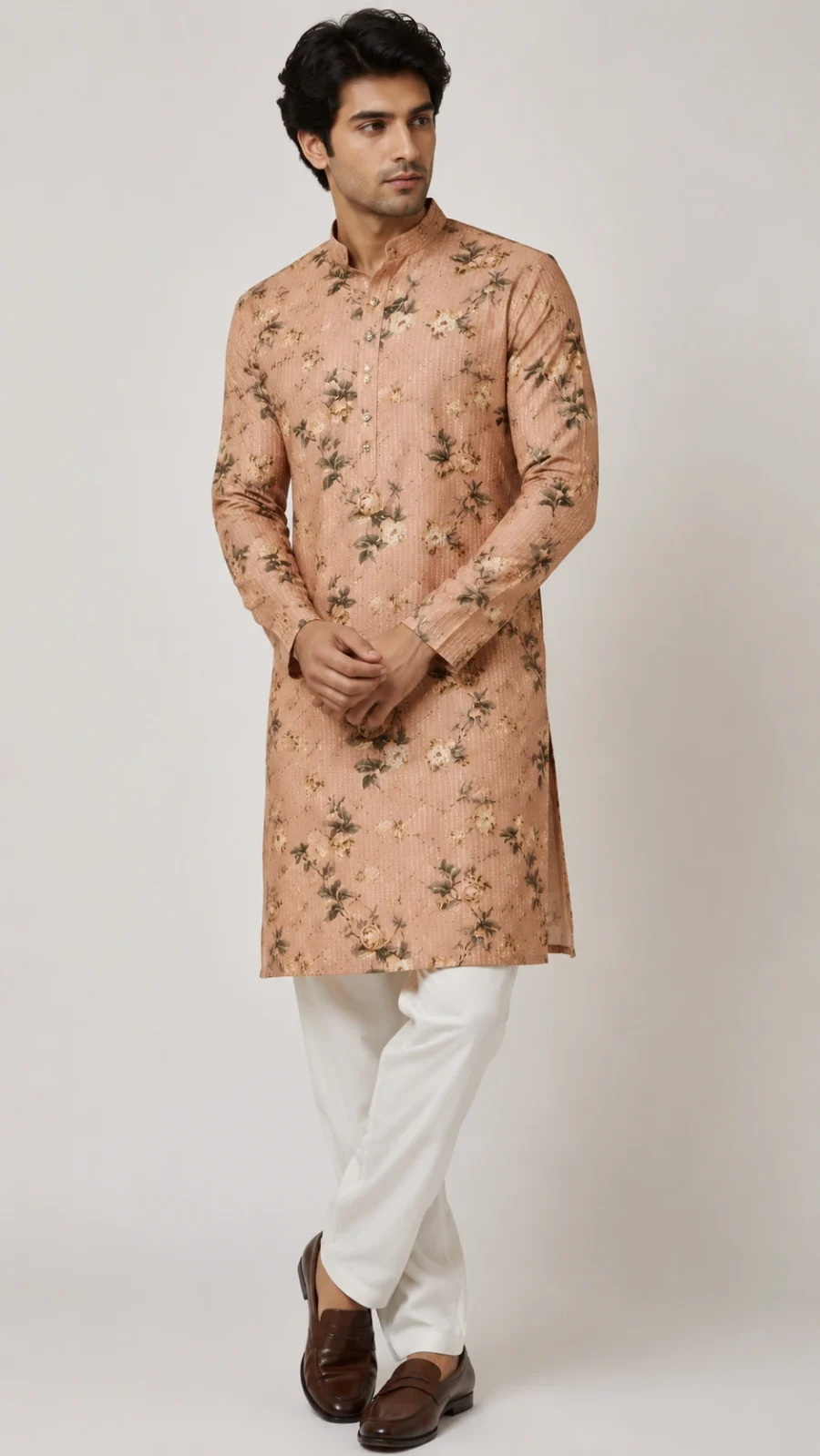 Men's Peach Floral Textured Kurta with White Pajama Set