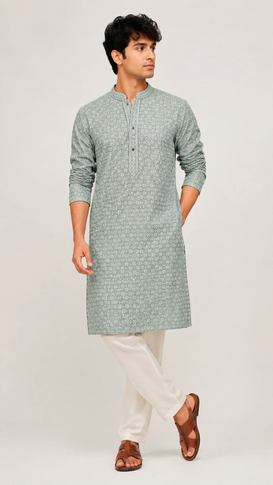 Men's Sage Green Embroidered Kurta Pajama Set