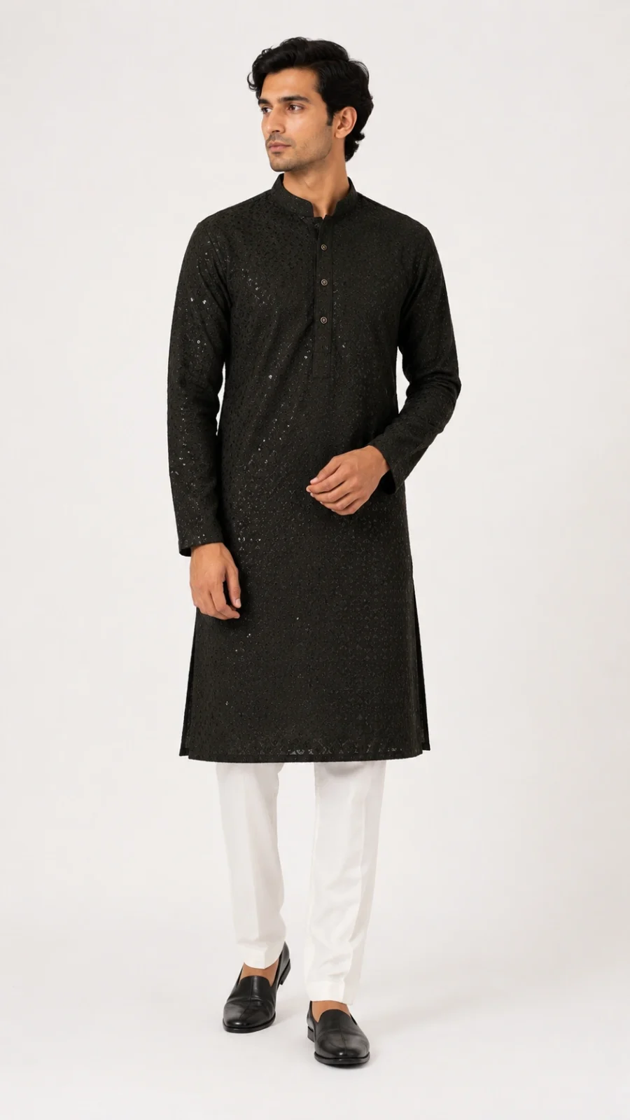 Black Embroidered Kurta with White Pajama Set for Men