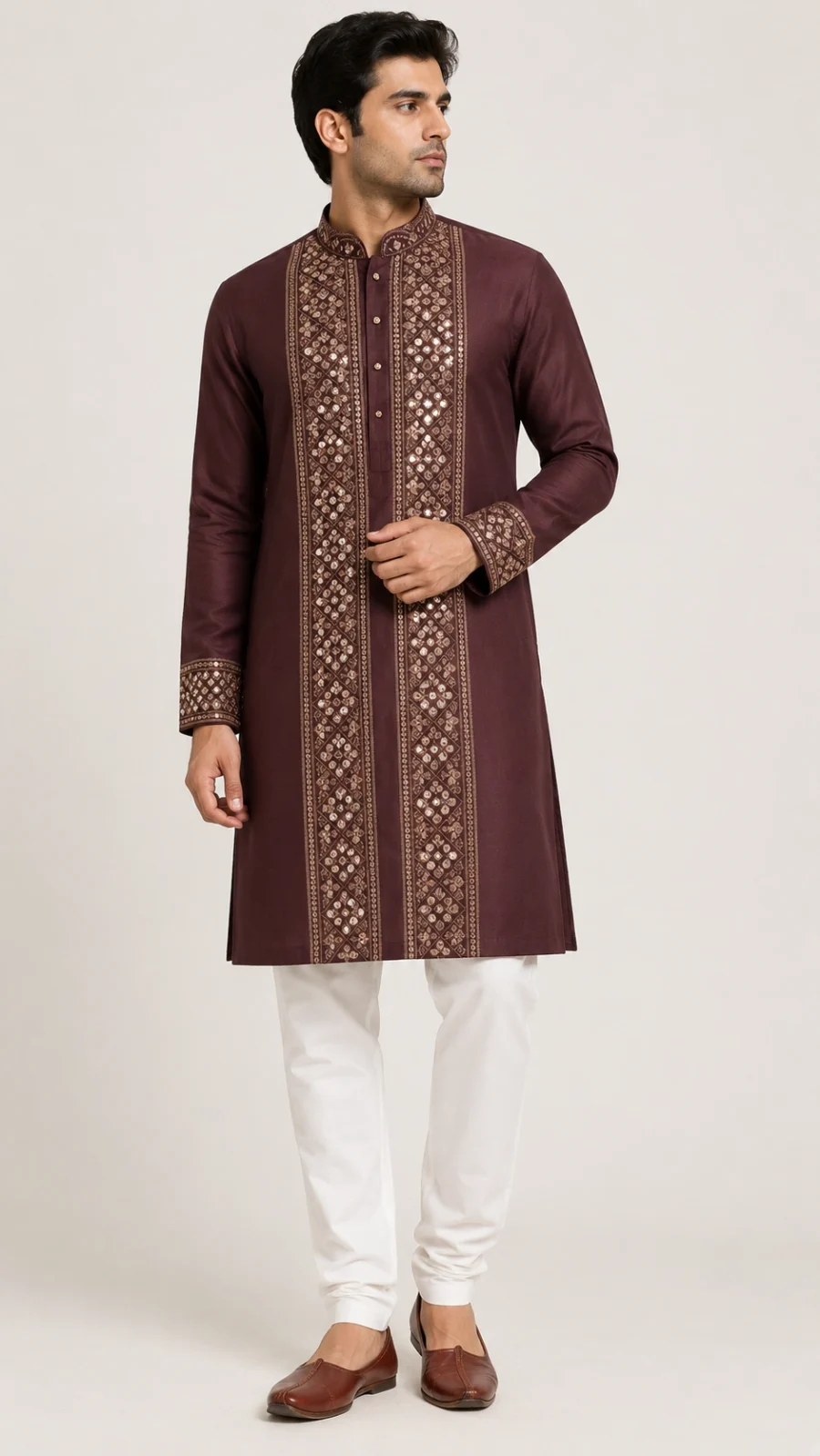 Maroon Embroidered Mirror Work Kurta Pajama Set for Men