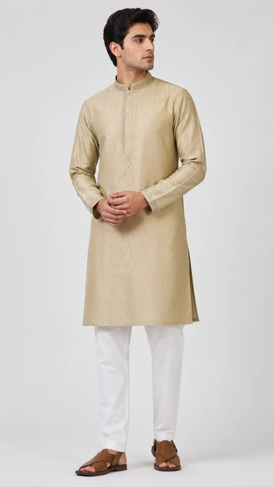Men's Beige Textured Embroidered Kurta with White Pajama Set