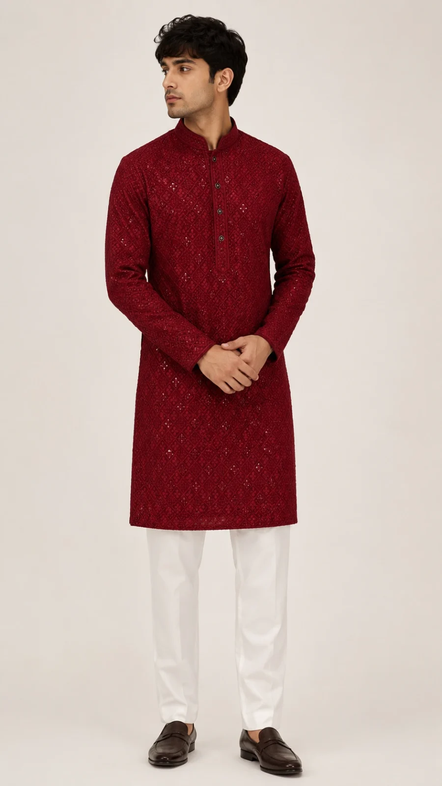 Maroon Embroidered Sequin Kurta Pajama Set for Men