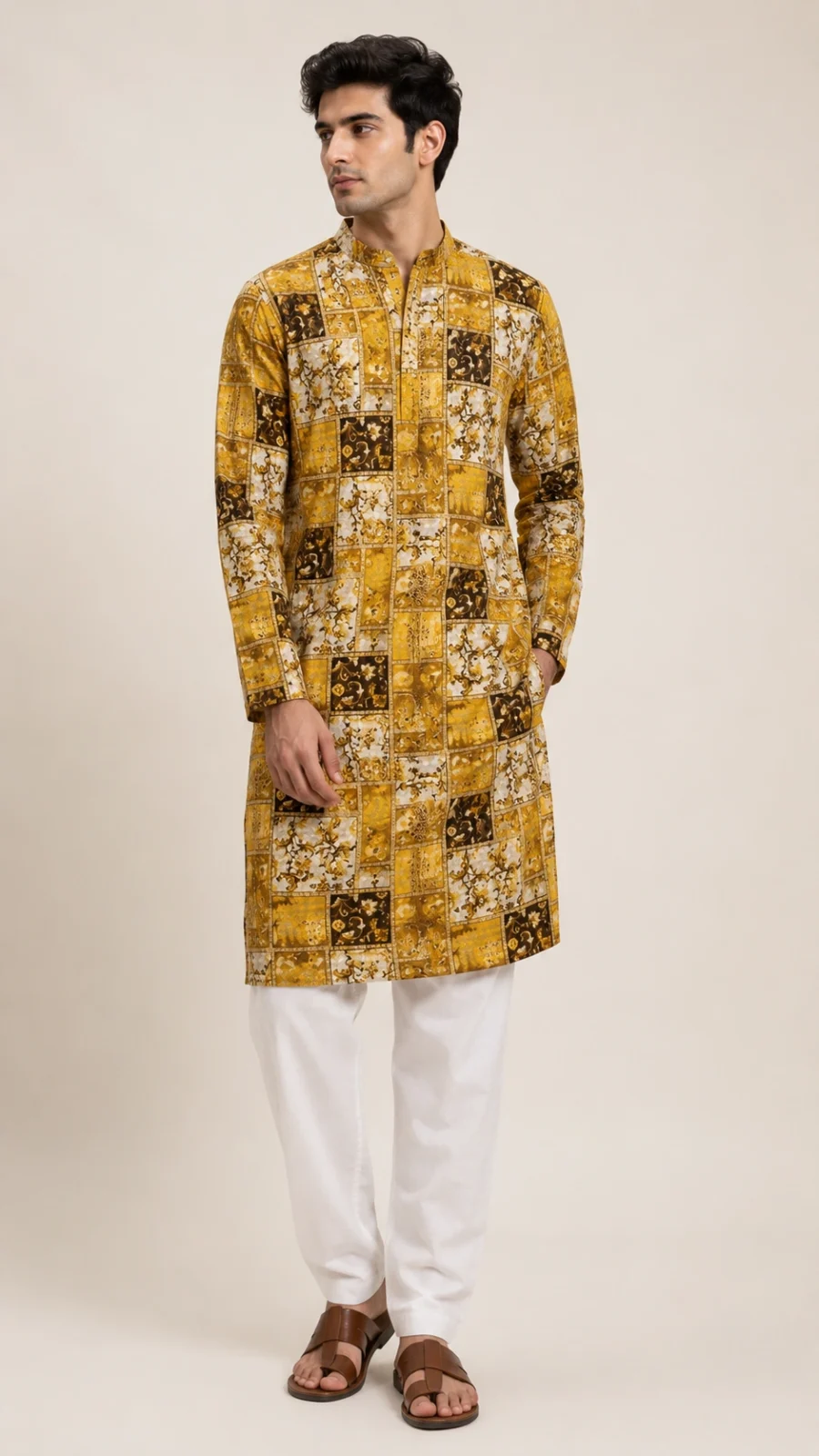 Men's Mustard Patchwork Printed Straight Kurta with White Pajama Set