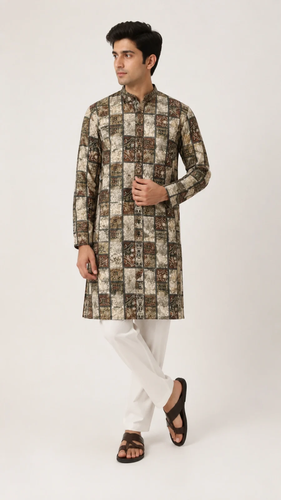Men's Earth Tone Patchwork Printed Mandarin Collar Kurta with White Pajama Set