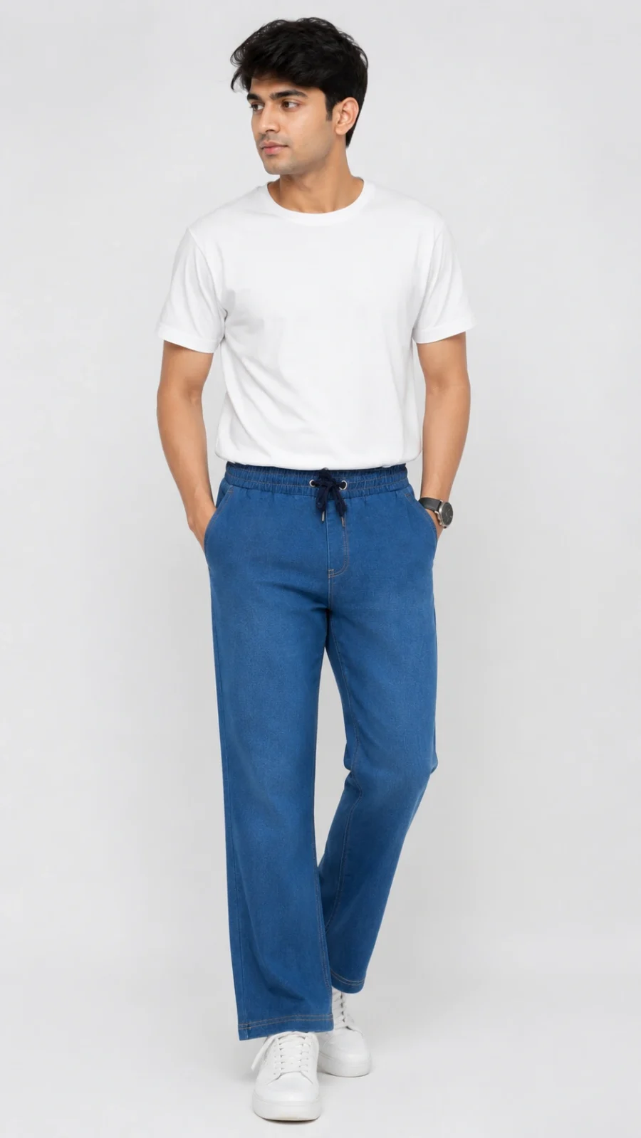 Men's Blue Denim-Look Relaxed Fit Drawstring Trousers