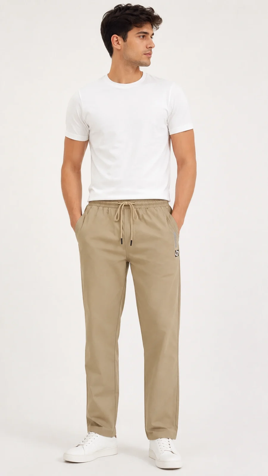 Men’s Beige Relaxed-Fit Drawstring Casual Trousers