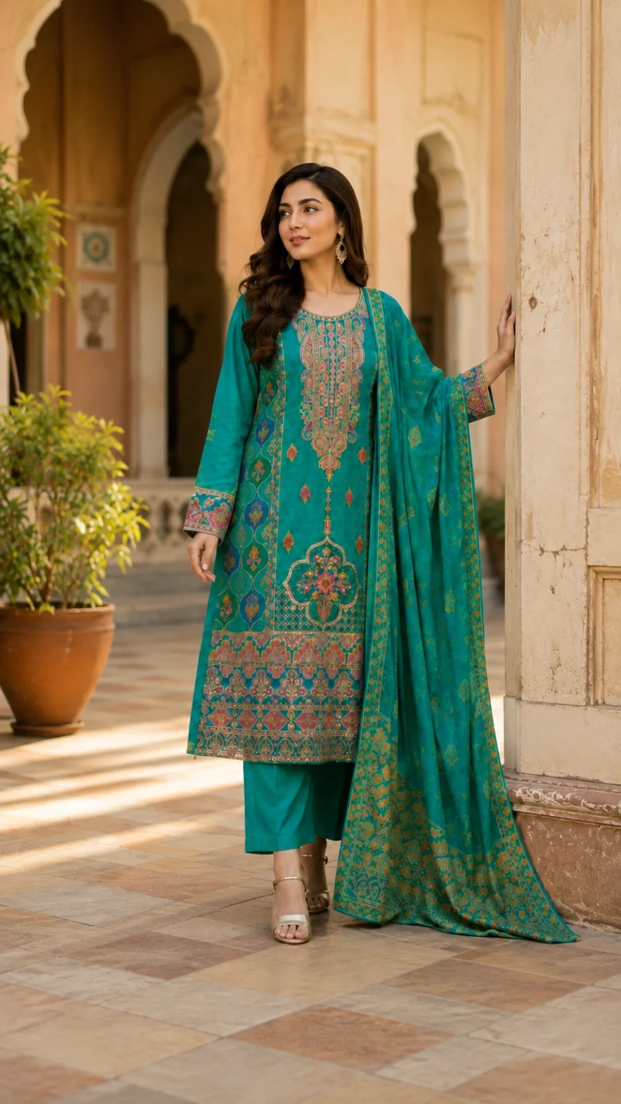 Gagan Trends Home Teal Blue Printed Embroidered Kurta Set with Dupatta